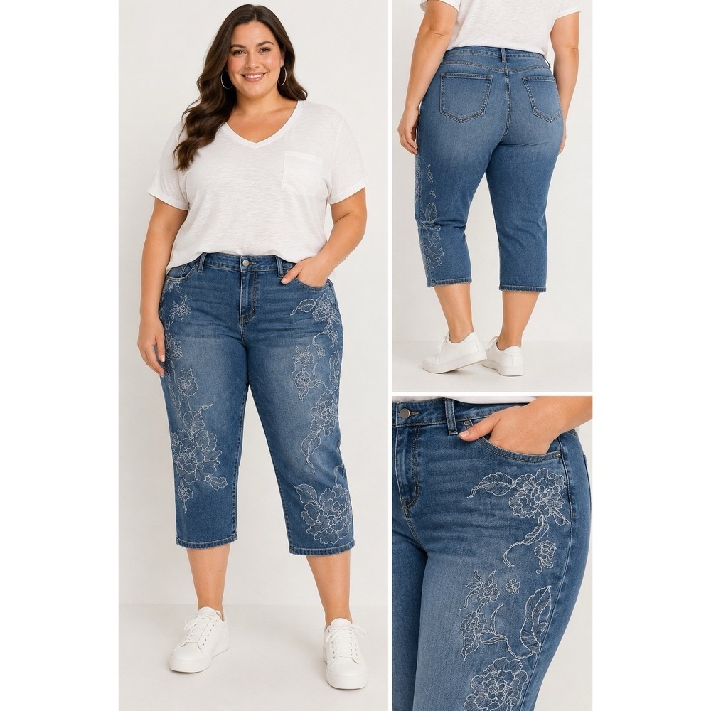 Lane Bryant 24 Girlfriend Crop Floral Embroidered Jean Capri Boho Stretch